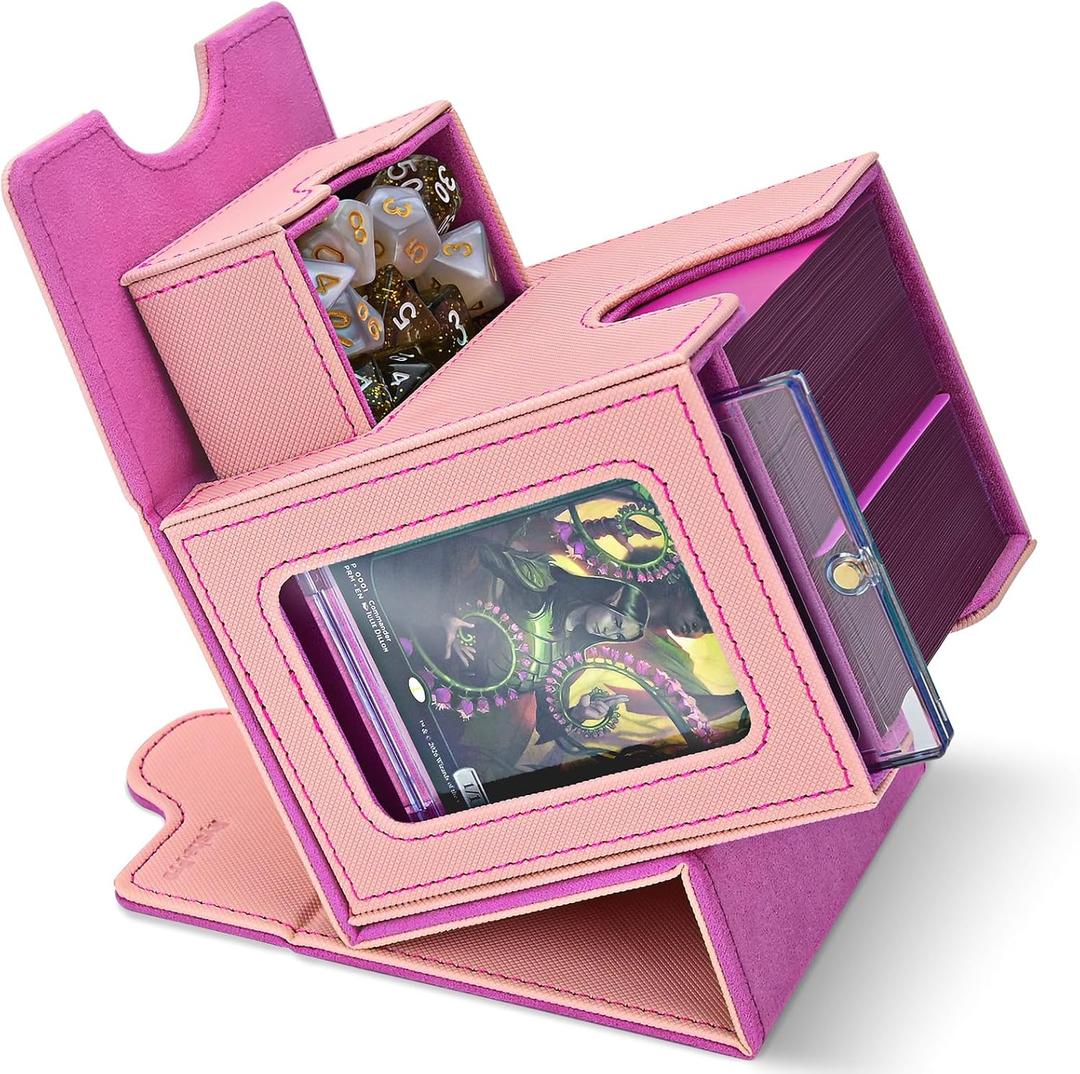 Card Deck Box for MTG with Display Window, Commander Deck Box Fits 100+ Double-Sleeved Cards, Magnetic Closure Card Storage Box with Divider, Dice Tray and 35PT Card Holder, Pink