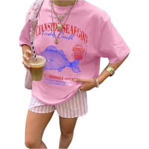Women's Letter Graphic Tees Short Sleeve Crew Neck Loose T Shirt Drop Shoulder Casual Tops (Pink, XS)