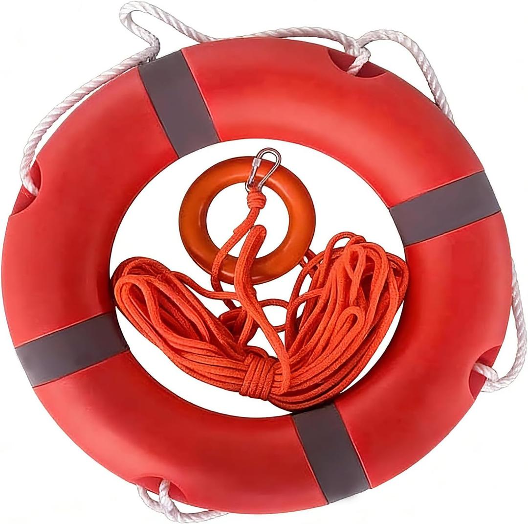 22 Inch Life Buoy Boat Safety Throw Ring Set, Outdoor Professional Throwable Flotation Device with 30 Meter Floating Lifesaving Rope, Safety Hook, Grip Ring and Reflective Tape