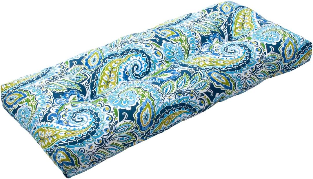 Magpie Fabrics Patio Bench Cushion 45"x18", Indoor/Outdoor Non-Slip Water Resistant Long Seat Pads, Tufted Loveseat Cushion for Swing, Settee, Window, Garden, Wicker, Front Porch (Paisley Lapis Green)