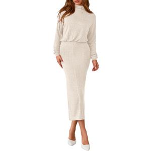 PRETTYGARDEN Turtle Neck Dresses for Women 2026 Fall Knit Outfits Slit Elastic Waist Long Sleeve Bodycon Midi Sweater Dress (Medium, Apricot)