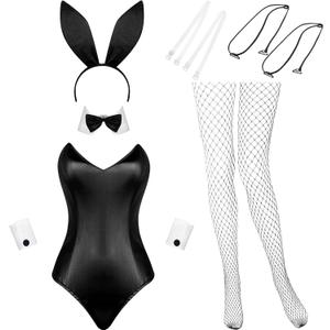 Geyoga Anime Women Bunny Costume Bunny Outfit Halloween Cosplay Bodysuit Role Costume Bunny Headband Stocking Set (X-Small, White and Black)
