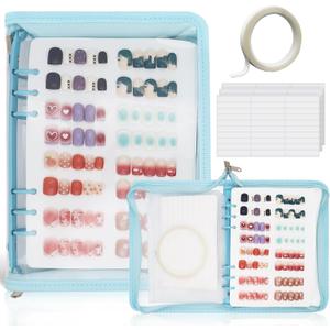 KEIFIN Press On Nail Storage Organizer Binder with 8 Insert Pages - A5 Size Reusable Fake Nail Swatch Collecting Book Polish Color Display Holder Container with Tape and Zipper Pocket (BLUE)
