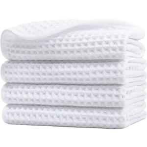 POLYTE 430 GSM Microfiber Lint Free Washcloth Face Towel, 13 x 13 in, 4 Pack (Waffle Weave) (White)