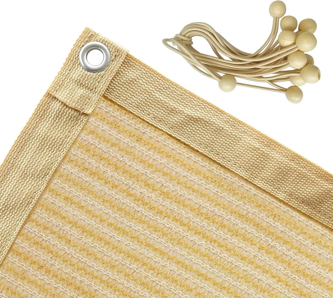 Shatex 90% Shade Fabric 6X 16ft Sun Shade Cloth Taped Edge with Grommets Sun-Block Mesh Shade for Pergola Cover Canopy Wheat, 12 Bungee Balls