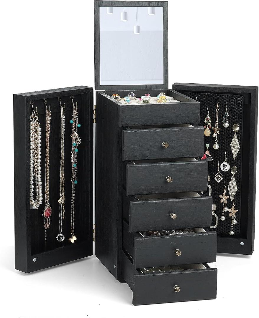 Meangood Jewelry Box Wood for Women, 6-Layer Large Organizer Box with Mirror & 5 Drawers for Rings, Earrings, Necklaces, Vintage Style, Black