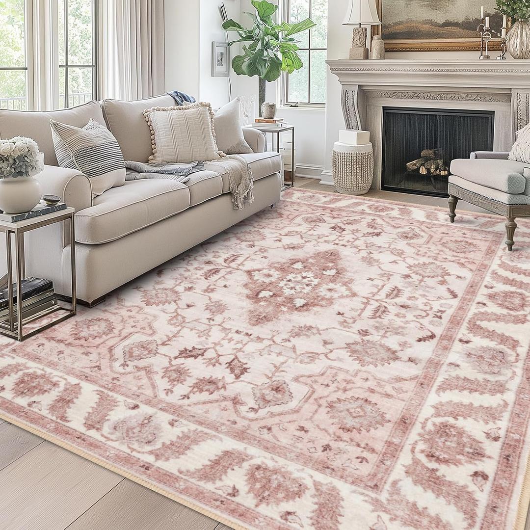 Area Rug 9x12 for Living Room Soft Machine Washable Low Pile Area Rugs Vintage Boho Bedroom,Dinner Room Non-Slip Carpet Rug- Light Pink