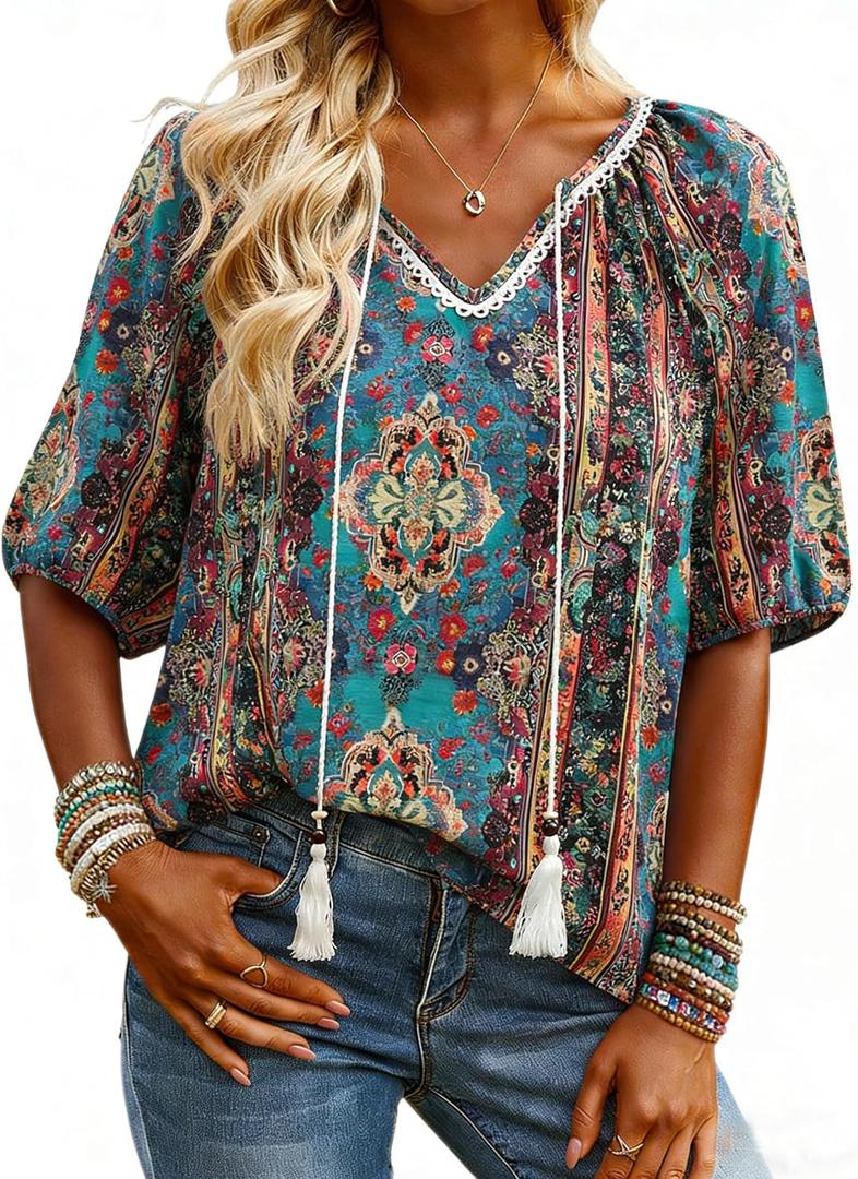 Halife Womens Flowy Boho Summer Tops Tassel Tie Front V Neck Short Sleeve Blouses Dressy Casual Loose Blouse Shirt Top Bohemian (M)