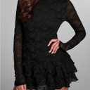 Verdusa Women's Floral Lace Wedding Guest Dresses Long Sleeve Layered Ruffle Mini Dress Date Night Outfit (Black, XS)