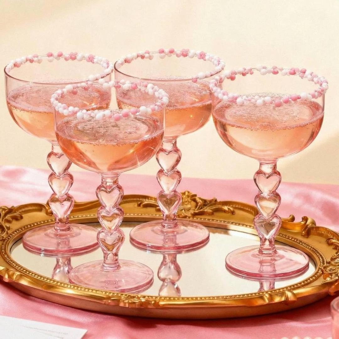 FoldTier 6 Pcs Galentines Day Pink Martini Wine Glasses Cute Heart Coupe Glasses 8 oz Champagne Flutes Margarita Cocktail Toasting Glass Cups Glassware for Valentine's Day Wedding Holiday Party Gift