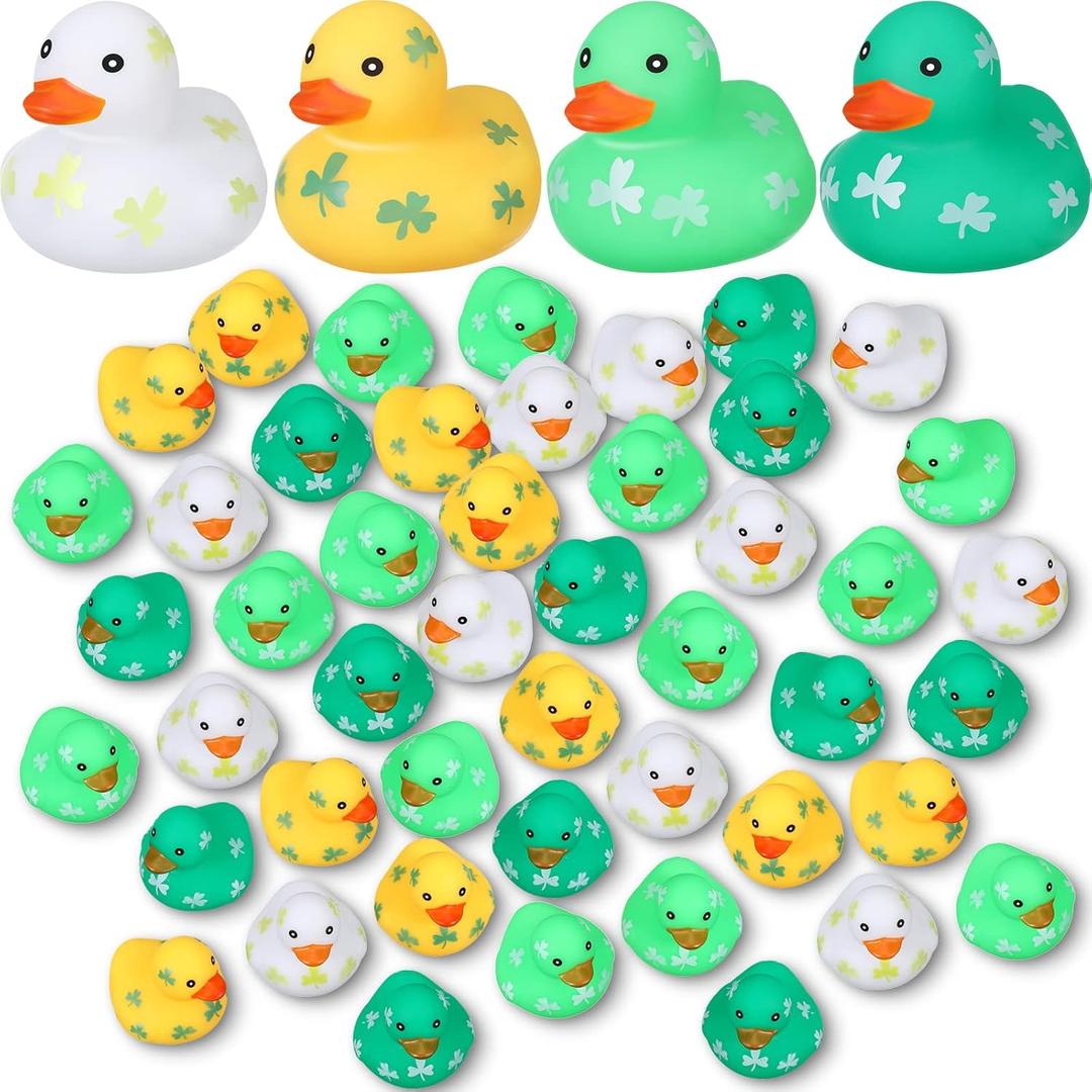 Leitee 48 Pcs St. Patrick's Day Rubber Ducks Mini Shamrock Ducks 4 Styles Holiday Rubber Baby Showers Bath Toys for St. Patrick's Day Party Favors Birthday Party Class Rewards