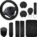 10 Pieces Leopard Print Car Steering Wheel Cover Center Console Armrest Pad Headrest Seat Belt Cover Handbrake Cover Keychain Coaster Full Set Car SUV(Leopard Print)