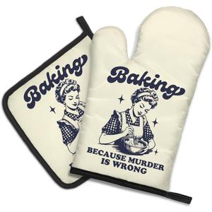 DYJYBMY Baking Because Murder is Wrong Funny Oven Mitts and Pot Holder Set, Humorous Vintage Lady Kitchen Gadgets for Women, Birthday Gifts for Bake Lover Chef, Hostess Gifts for Mom Wife Sister BFF (Beige01)