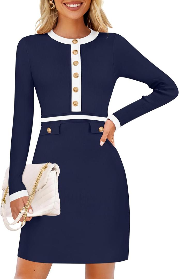 ZESICA Women's Fall Long Sleeve Bodycon Sweater Dress Crewneck Button Knit Color Block Party Mini Dresses (Blue, M)