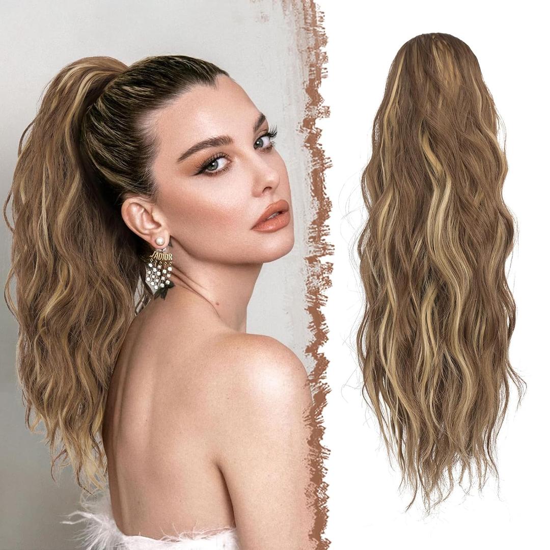 FESHFEN Ponytail Extensions, Drawstring Ponytails Hair Extension Light Brown & Blonde Long Curly Wavy Hair Piece Synthetic Pony Tail Hairpieces for Women, 18 inch