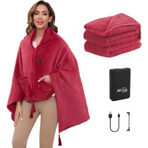 Heated Blanket Throw Battery Operated, Portable Electric Heated Poncho Shawl with Zipper and Pockets, 4 Heating Areas & 3 Heating Modes,Heating Blanket for Neck and Shoulders and Back,Red