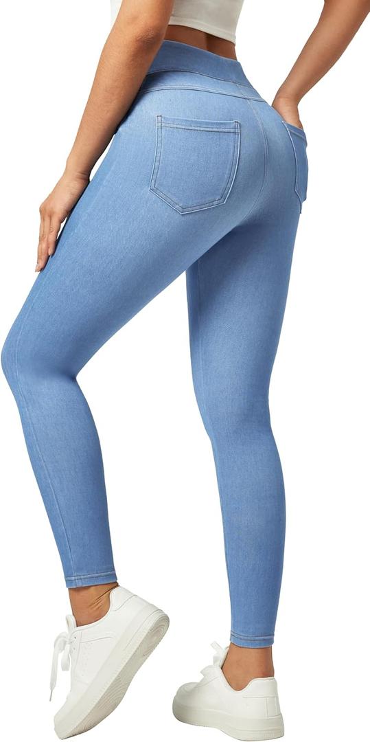 IUGA Stretchy Jeans for Women High Waist Jeggings Tummy Control Skinny Jeans Pull on Leggings with Pockets Trendy Casual (Blue, M)