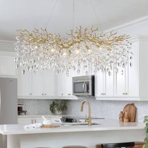 Modern Crystal Chandeliers for Dining Room - L47.2 inch Luxury Gold Tree Branches Chandelier Lighting, Rectangular High Ceiling Hanging Raindrop Pendant Light Fixture, Rectangular, Length 47.2"
