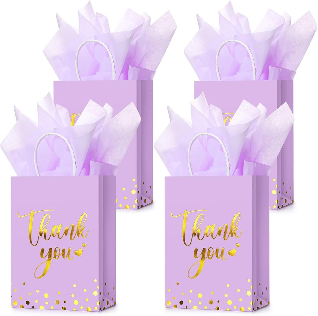 Tinlade 30 Pcs Thank You Gift Bags with Tissue Paper Gold Thank You Wedding Bags with Handle for Graduation Business Shopping Wedding Baby Shower Party Favors(Light Purple)