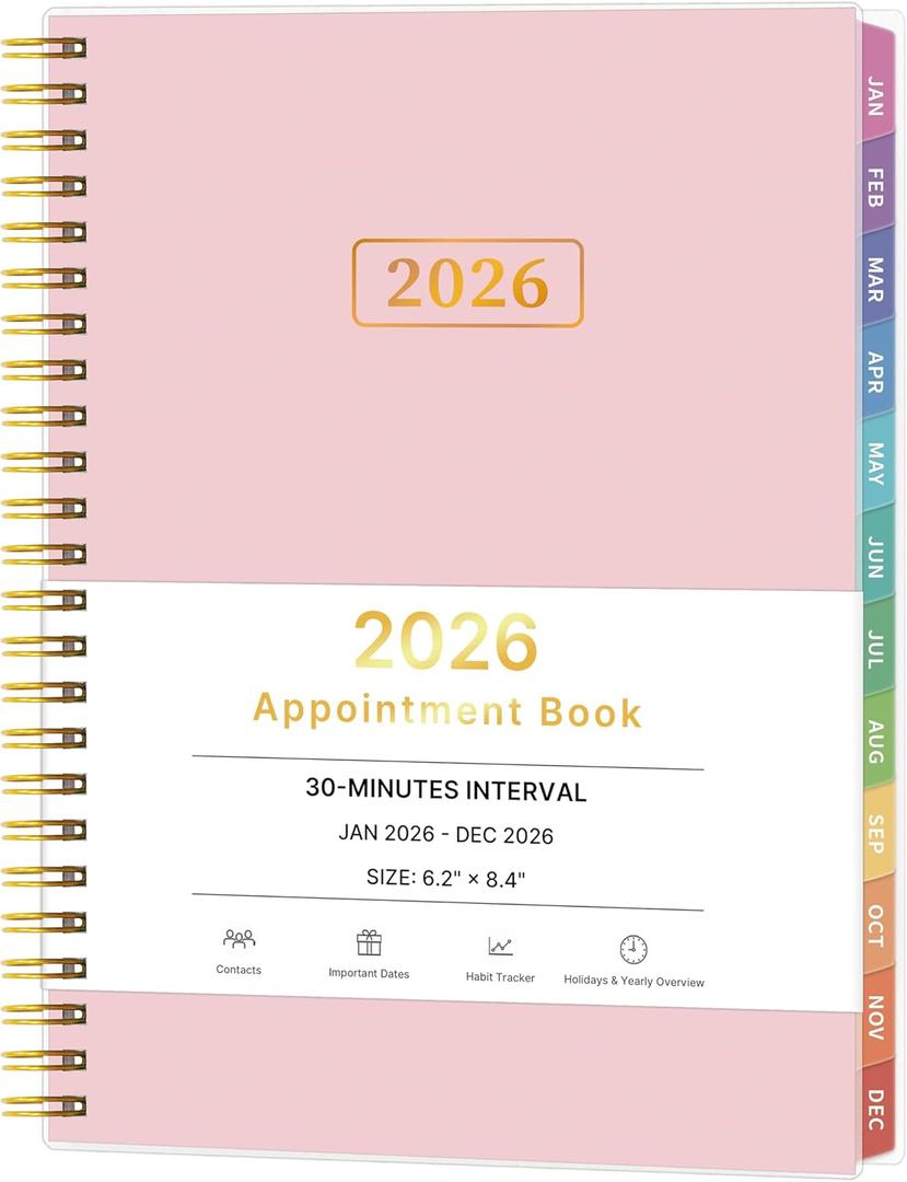 5 x 2026 Appointment Book, 30 Minutes-Hourly, Weekly  Monthly Calendar Planner 2026, Jan 2026 - Dec 2026, 6.2'' x 8.4'', 2026 Daily Planner with Tabs Pocket, Flexible Cover, Great for Office, Home, School (Pink)