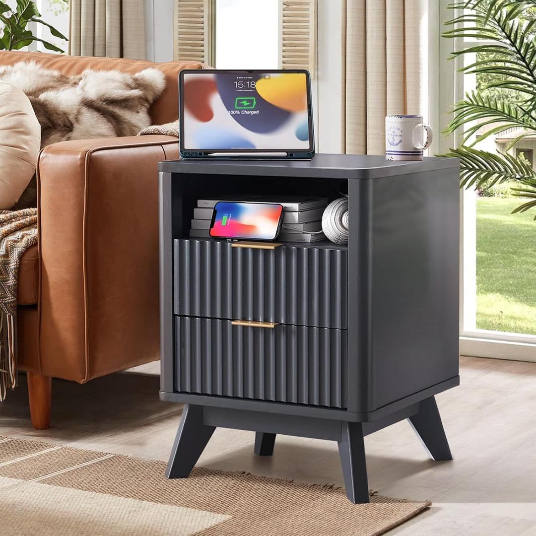 Fluted Nightstand - 24" Modern Bedside Table w/ 2 Drawers, Wood Bed Side End Table with Open Shelf, Night Stand with Storage Drawer, Curved Design Night Stands for Bedroom Living Room (Black)