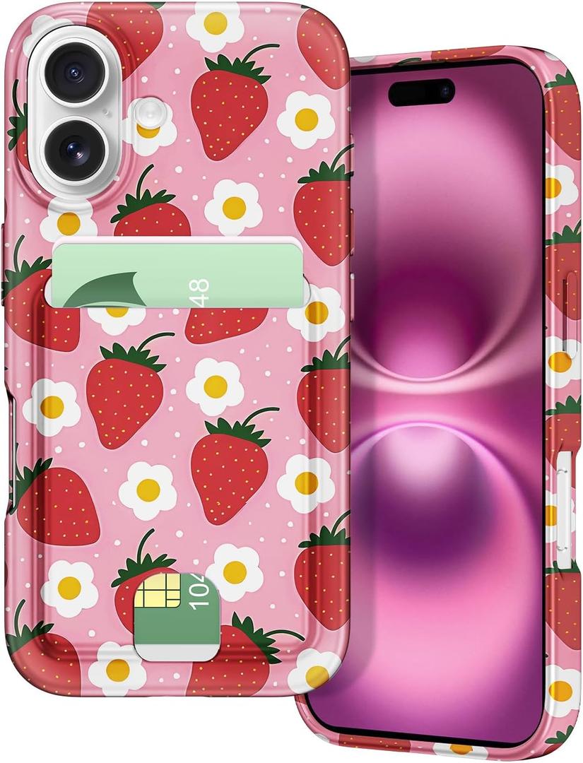 Petocase for iPhone 16 Wallet Case Card Holder Slot Slim Fit Flexible TPU Gel Rubber Soft Skin Silicone Protective Phone Case Cover for Apple iPhone 16 6.1 inch Strawberry