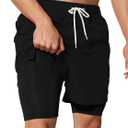 Mens Swim Trunks with Compression Liner 5 inch Inseam Quick Dry Bathing Suit 2 in 1 Board Shorts (Medium, Black)