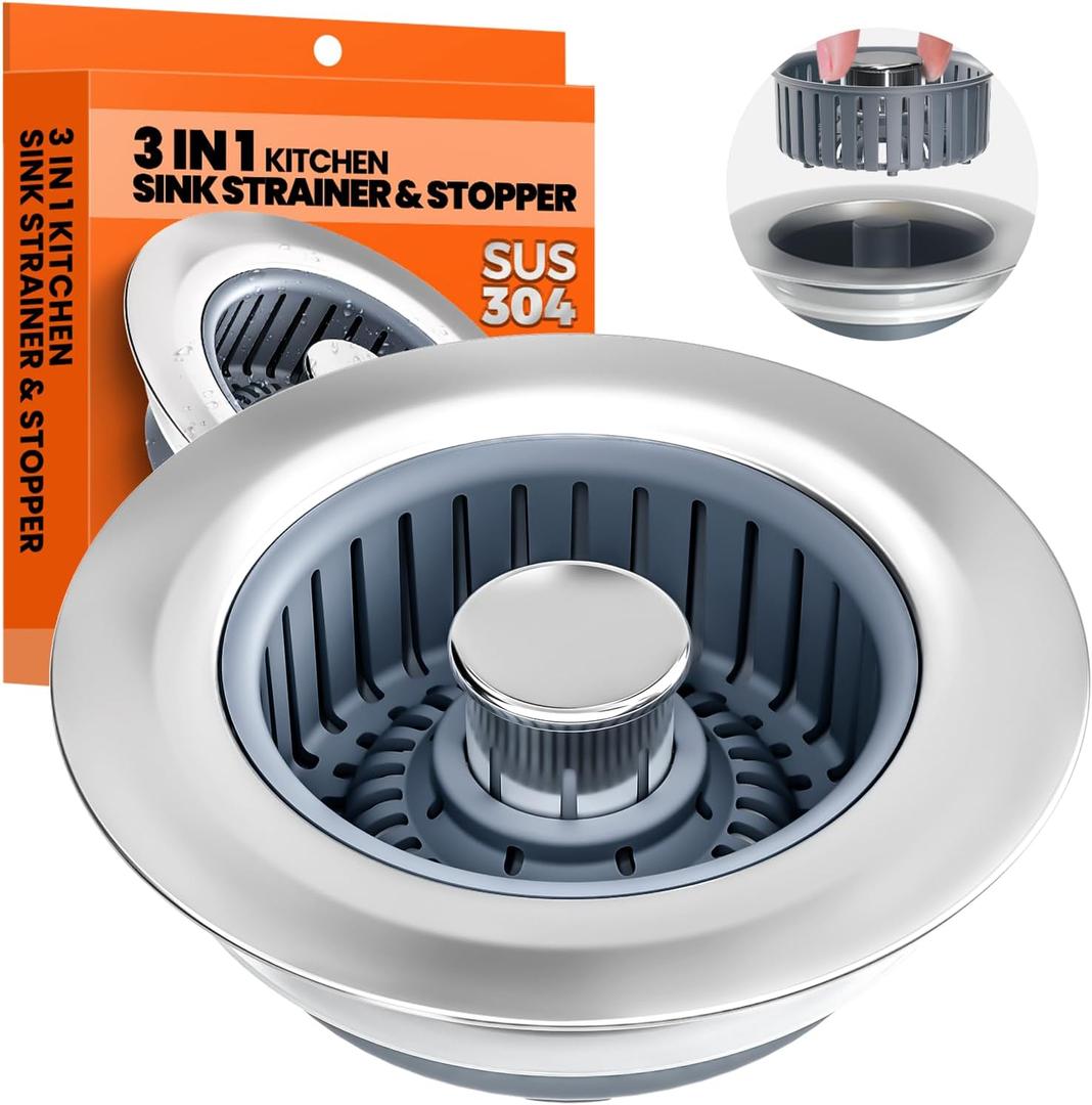 Kitchen Sink Drain Strainer - Upgraded Kitchen Sink Stopper,Sink Stopper Kitchen Drain,Stainless Steel Drain Plug with Anti-Clog Basket Drain Stopper Combo,for Standard 3-1/2'' Drain,Grey (Silver)