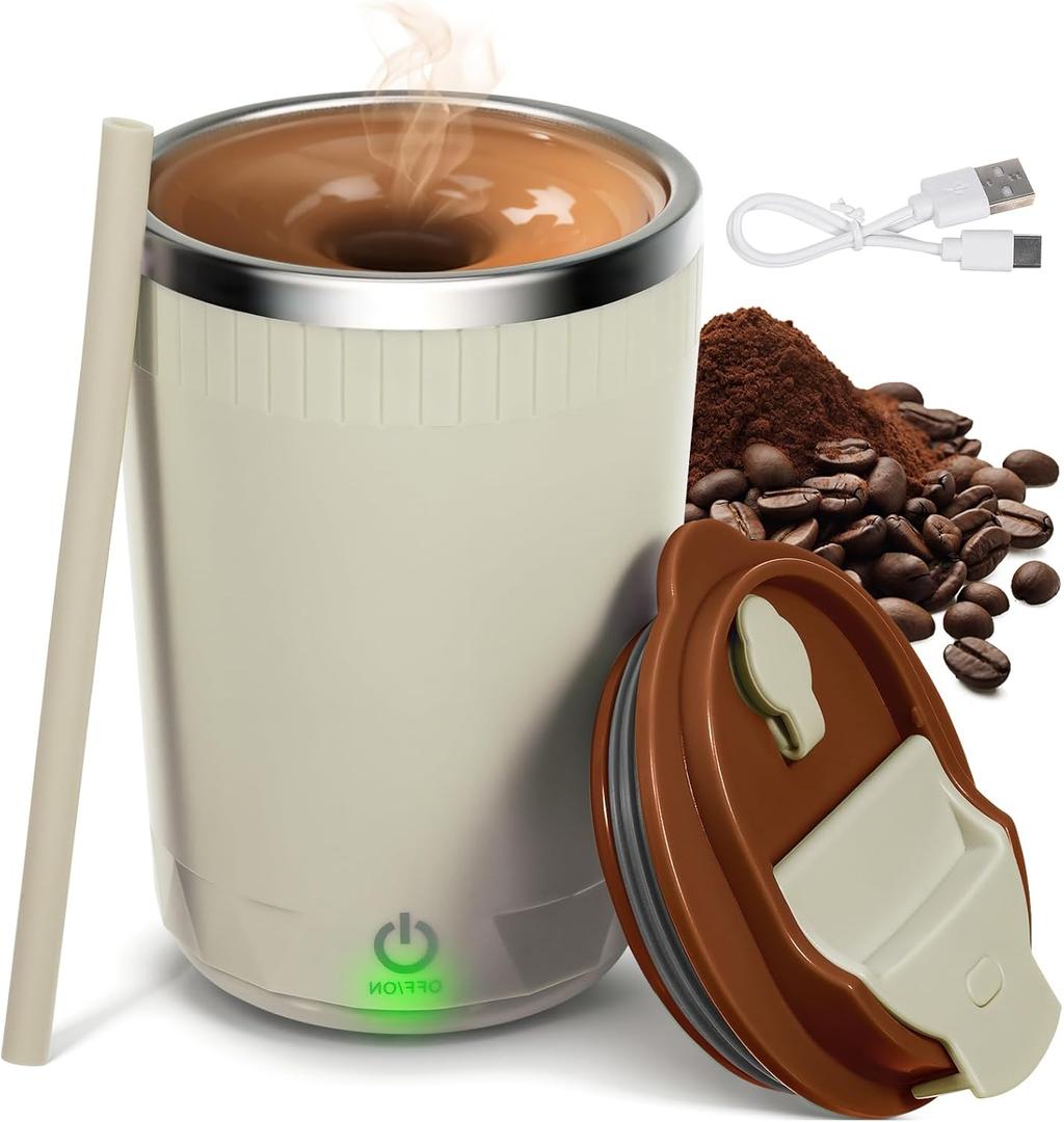 Self Stirring Coffee Mug: 13oz Magnetic Self Stirring Cup with Lid - Rechargeable Stainless Steel Electric Mixing Mug with Silicone Straw for Milk/Cocoa/Office/Kitchen/Travel Perfect Gifts