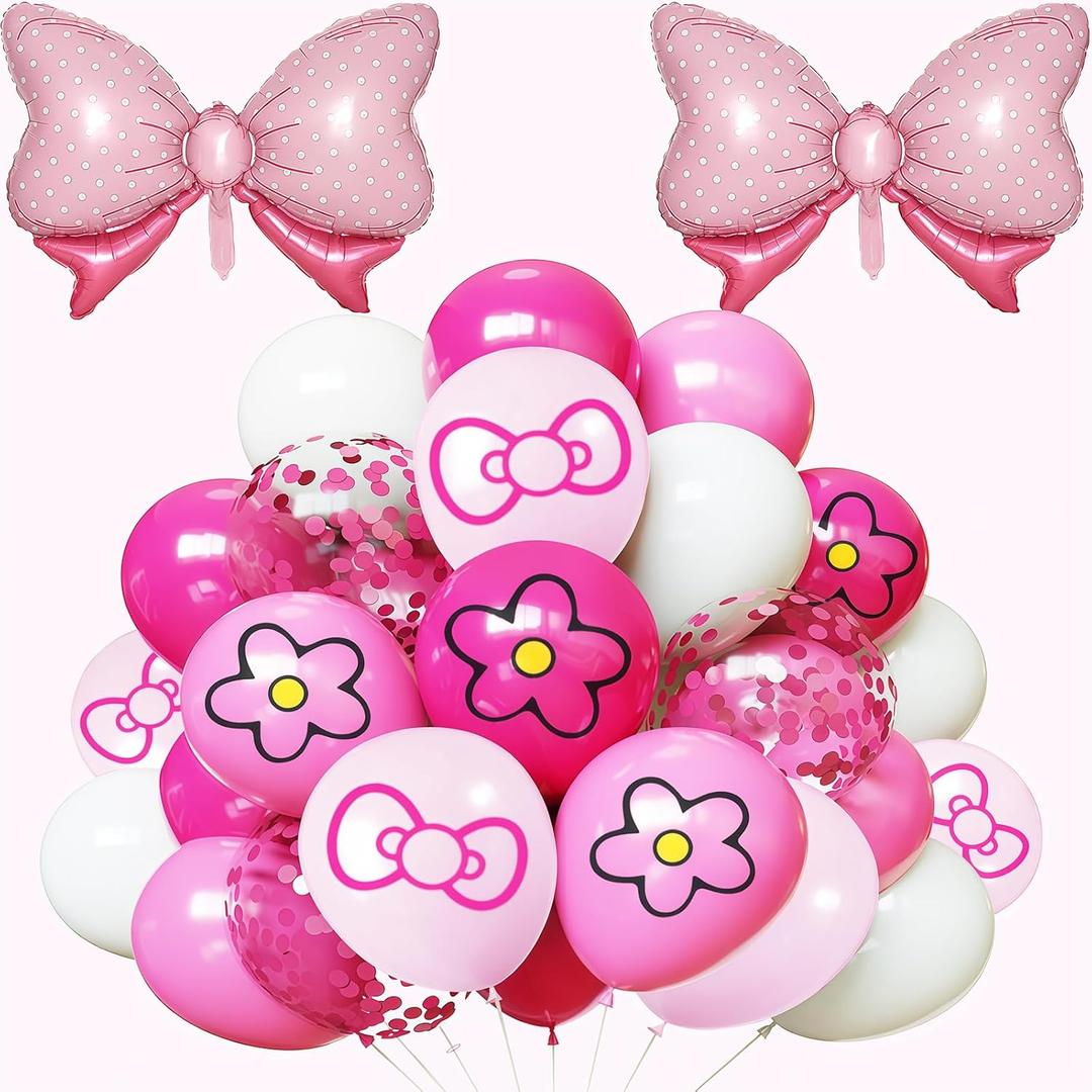 Pink Balloon 64Pcs 12 InchCute Bow Flower Print Balloons for Cartoon Themed Birthday Party Decorations Boys Girls Gatherings Party Supplies