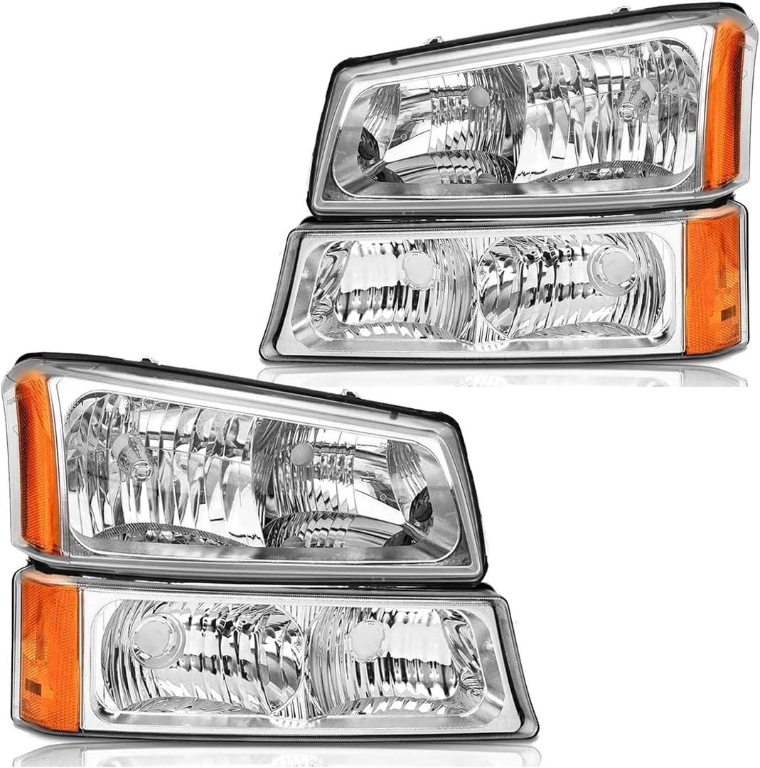 Headlights Assembly for 2003-2006 Chevy Silverado 1500 2500 3500, 07 Chevy Silverado Classic Headlights Headlamp w/Bumper Lights Pair Driver Passenger Side, Chrome Housing Amber Corner Clear Lens