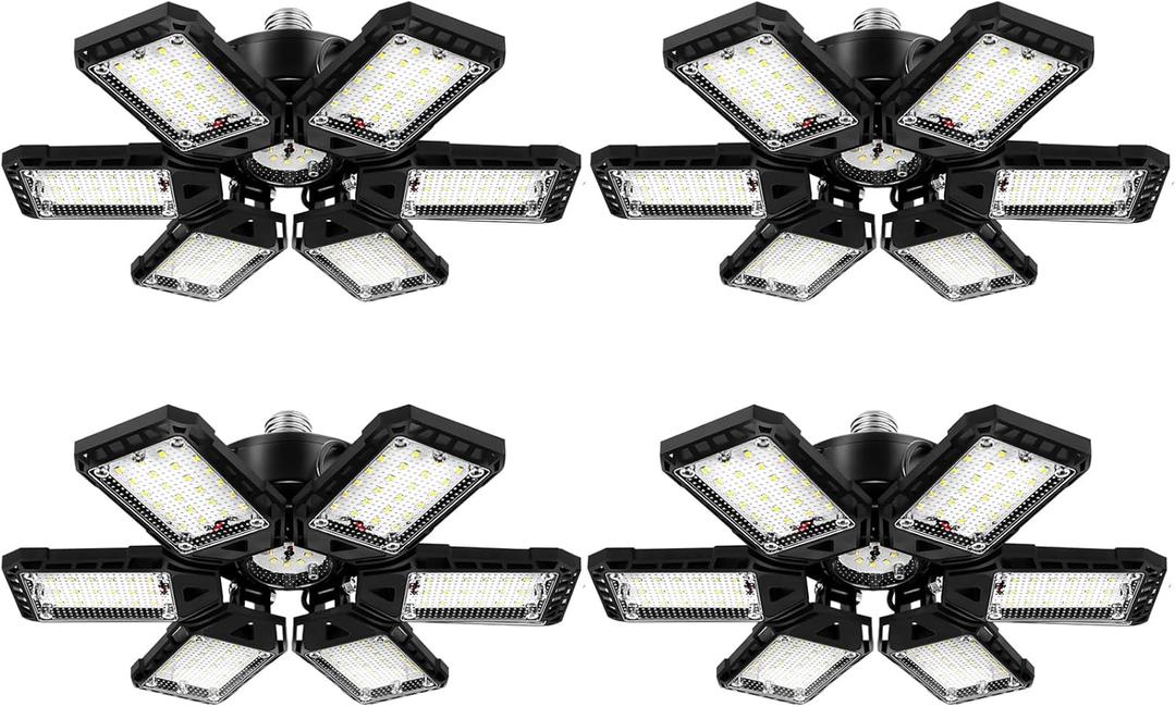 LED Garage Lights Bulb 4 Pack -180W, 18000LM 6500K Led Shop Light with 6+1 Deformable Panels, Basement Barn Light Garage Ceiling Lights, E26/E27 for Garage, Warehouse, Shop