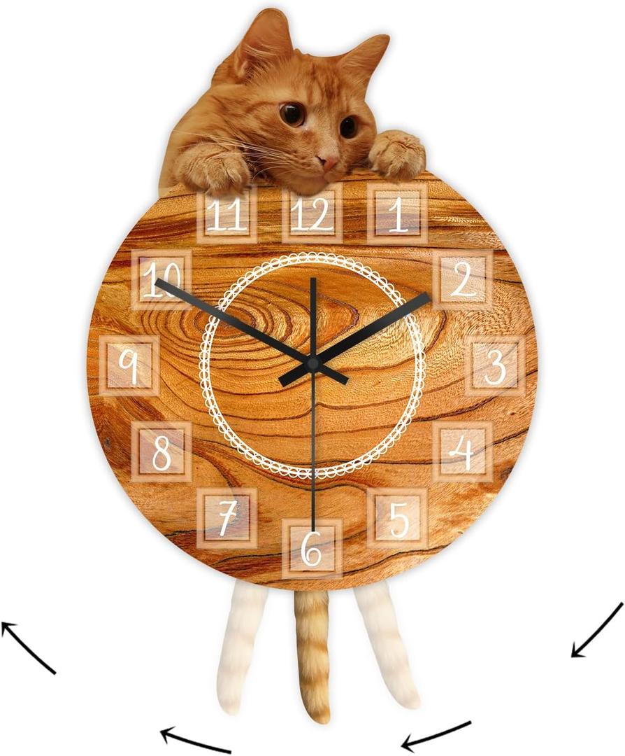 Cat Clock with Moving Tail, Cat Pendulum Swinging Wall Clock Silent Non Ticking Battery Operated Easy to Assemble Creative DIY Clock for Living Room Bedroom Kitty Lovers
