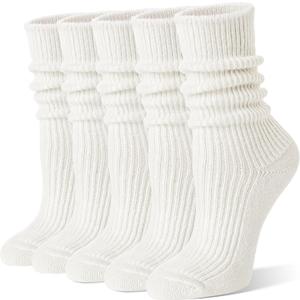 Women White Merino Wool Slouchy Boot Socks Warm Winter Thermal Slouch Scrunch Cozy Knit Comfy Hiking Work Gifts Socks 5 Pairs Stocking Stuffers(W,L)
