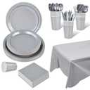 Ottin 169PCS Silver Christmas Party Supplies for 24 Guests Disposable Paper Plates, Napkins, Cups, Forks, Knives, Spoons & Tablecloth for Birthday, Wedding, Thanksgiving, Christmas, New Year