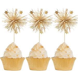 Gyufise 30Pcs Foil Firework Cupcake Toppers Happy Birthday Cake Toppers Sparkle Tinsel Flower Drink Stirrers Cocktail Food Fruit Toothpicks for Valentine's Day Party Supplies Gold