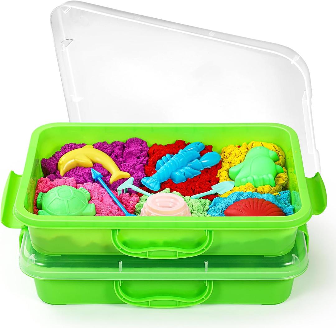 2 Pcs Sand Tray Sensory Bin with Lid and Handle, Portable Sensory Sandbox Container for Kids, Plastic Activity Tray for Toddlers (Green) (Green)