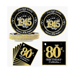 60 PCS Vintage 80th Birthday Plates and Napkins Set, 80th Birthday Decorations Black and Gold, Service for 30, 1945 Birthday Dessert Plates and Napkins Party Supplies for Men Women