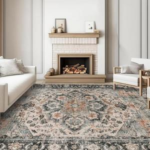 HILORUUG Washable Area Rug 9x12 - Bedroom Living Room Large Indoor Rugs Soft Oriental Vintage Rugs Non-Slip Backing Stain Resistant for Farmhouse Kitchen (9x12 Orange)