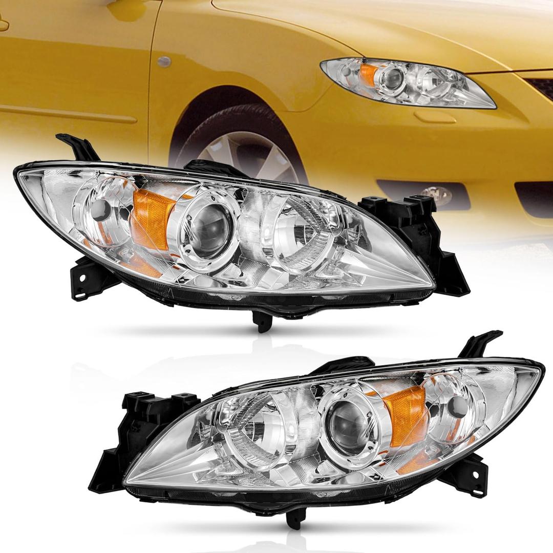 WEELMOTO for 2004-2009 Mazda 3 Sedan Headlights Assembly Compatible with 04-09 Mazda 3 Sedan 4Dr Projector Headlight Replacement Chrome Housing (Does NOT fit Factory HID Models or Hatchback Models)