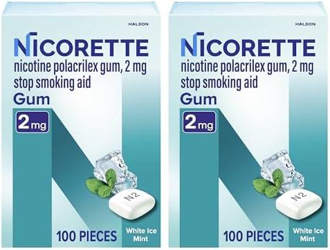 Nicorette Nicotine Gum Stop Smoking Aid, 2 mg, White Ice Mint Flavor - 200 Count, Best By 08/2027
