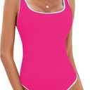 BMJL Women's One Piece Swimsuit Sports Adjustable Strap Bathing Suit Color Block Ribbed High Cut Swimsuits (Medium, Hot Pink029)