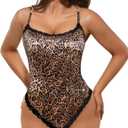 Popilush Lace Body Suits Women - Square Neck Sleeveless Thong Bodysuit Tummy Conotrol Double Lined Camisole Tank Tops, Large