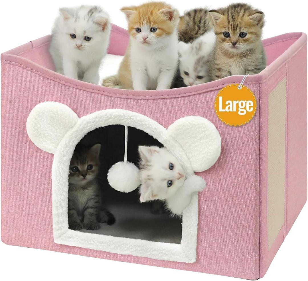 Cat House Cat Beds for Indoor Cats Large Foldable Multifunction Cat Cave for Pet with Hover Ball and Scratching Board(Pink, Large Cat House)
