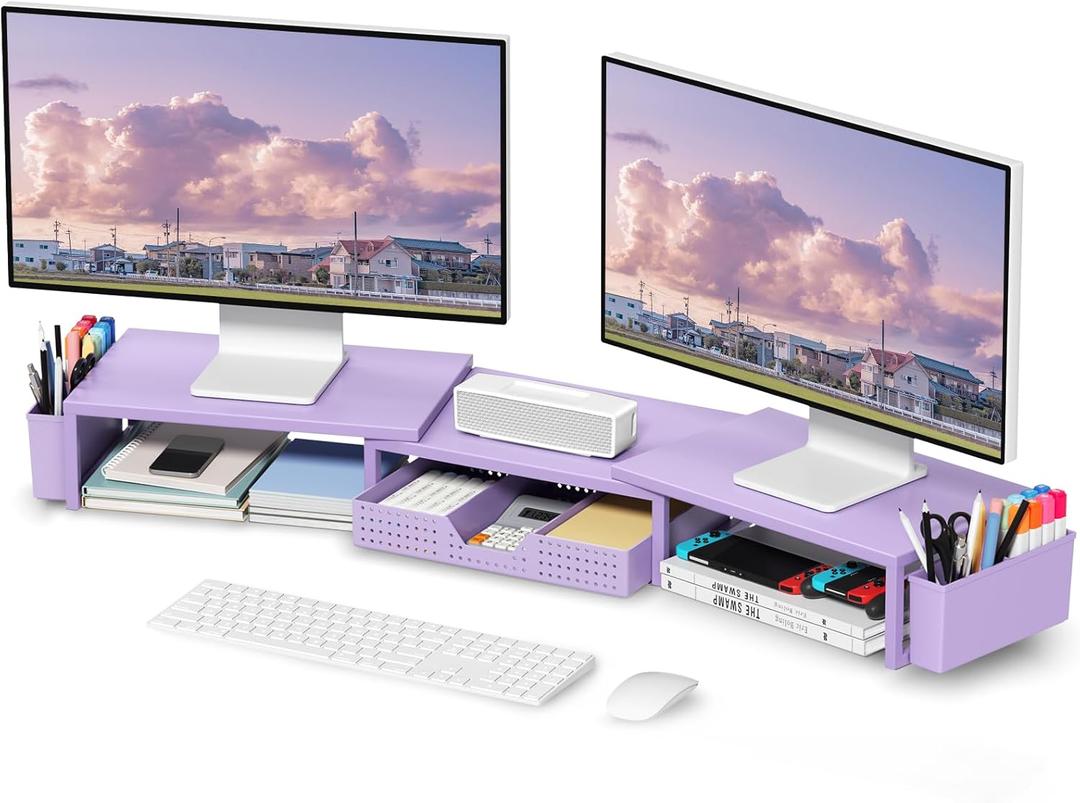 OPNICE Purple Desk Organizers and Accessories, Dual Computer Monitor Stand Riser with Drawer and 2 Pen Holders, Office Desk Accessories, Workspace Desktop Organization for Office Supplies