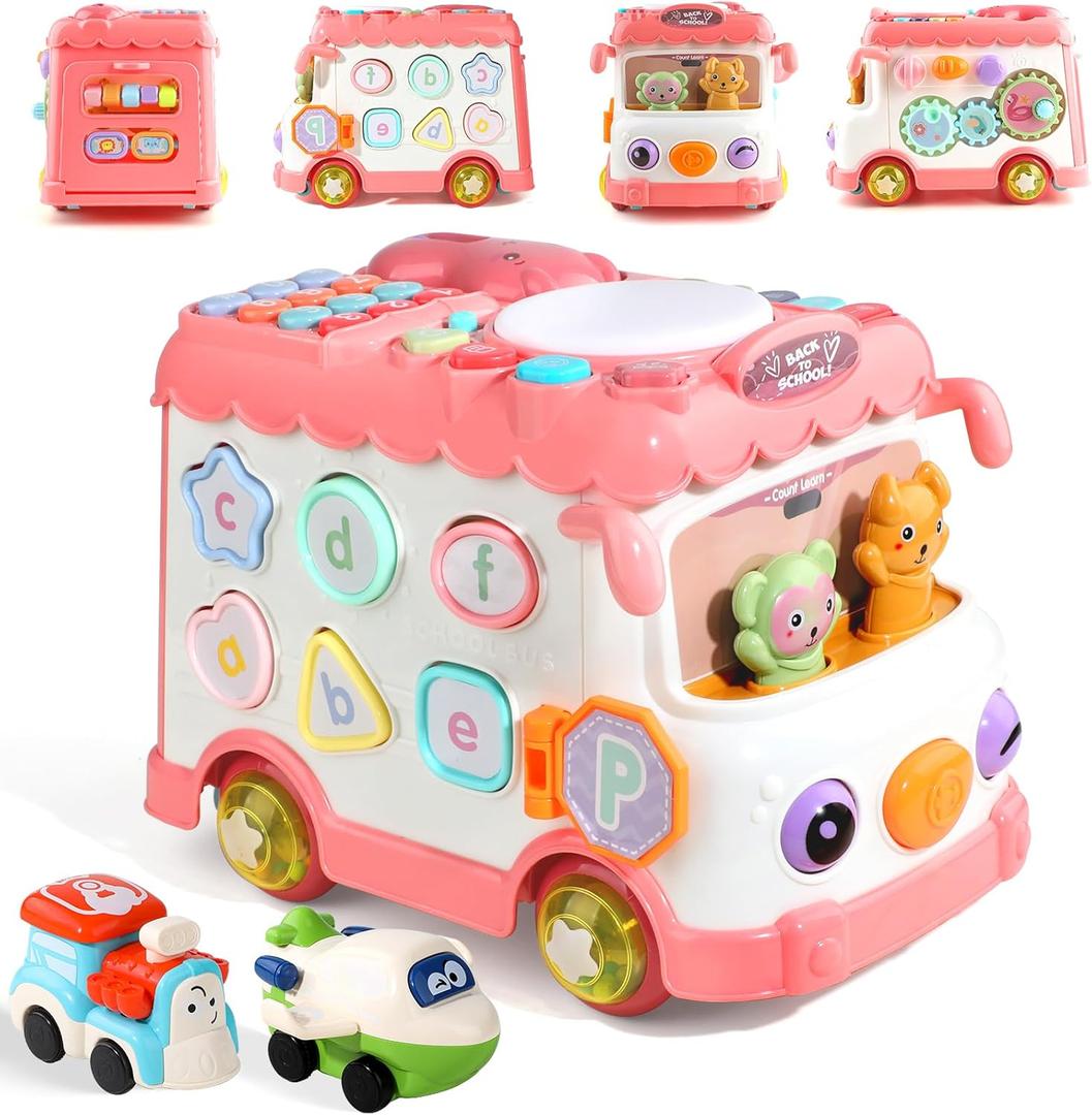 Montessori Toy for 1+ Year Old Girls, 10-in-1 Musical Learning Bus Baby Toys for 12-18 Months Present, Educational Developmental Sensory Toy, First Birthday Gifts for 1 Year Old Girl Toddlers