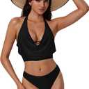SUUKSESS Women Sexy Two Piece Bikini Set Halter Cowl Neck Bathing Suit (Black, L)