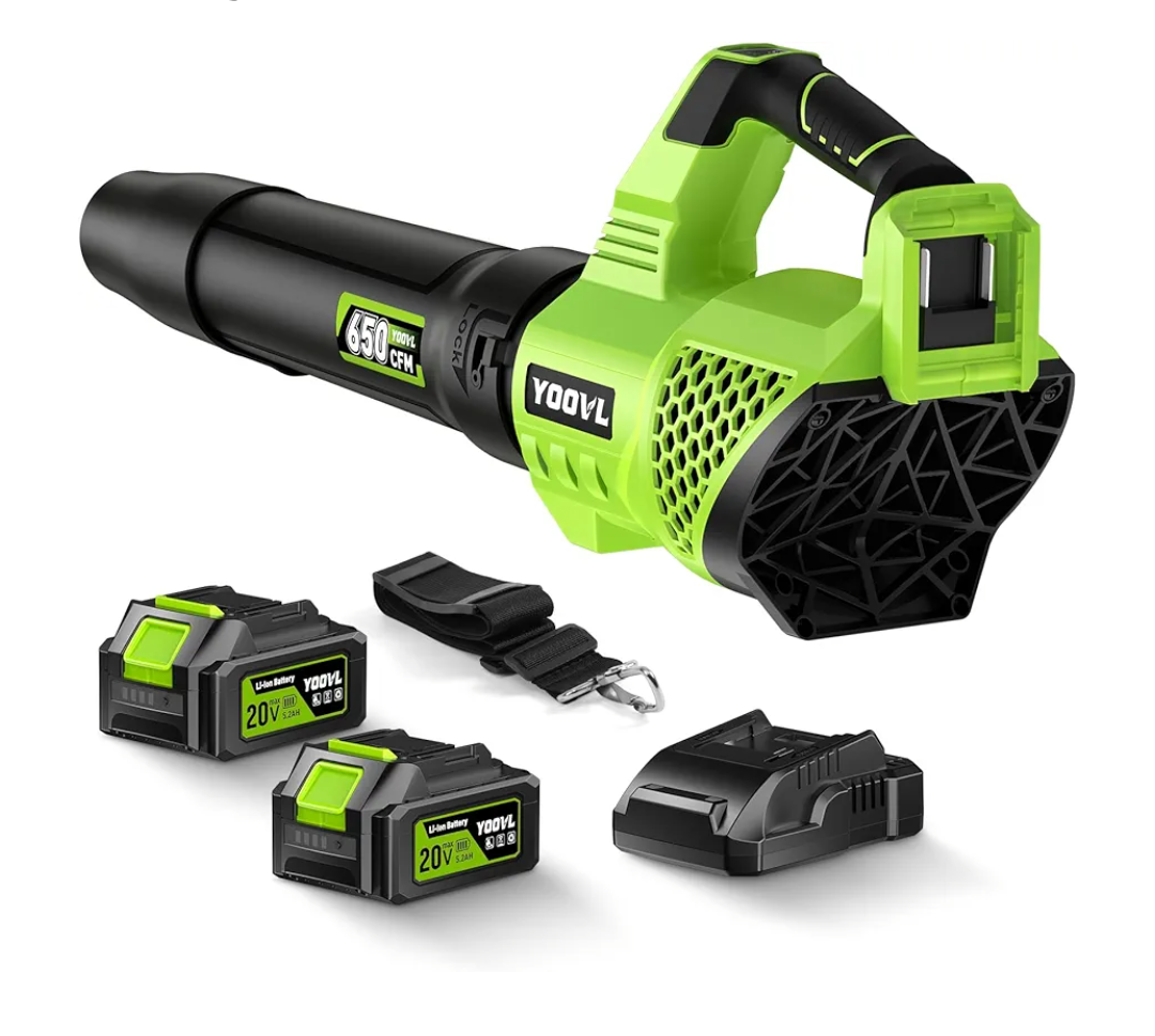 Leaf Blower Cordless, 650CFM Electric Leaf Blowers with 2 x 5.2Ah Batteries and Charger, 3 Speed Modes, 1 x Adjustable Shoulder Strap, Powerful Blowers for Lawn Care, Patio, Dust, Blowing Leaves