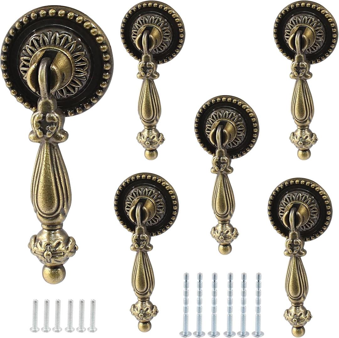 6 pack Antique Style Tear Drop Pulls - Vintage Cabinet Decorative Pull Handle Knob for Drawer, Dresser, Wardrobe - Bronze