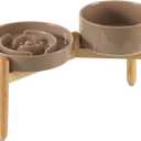 Havniva Ceramic Raised Slow Feeder Dog Bowl Set, Elevated 7.3inch Bowl and 8.2inch Puzzle Slow Dish with Wooden Stand for Medium and Large Dog, Anti-Gulping (2X Brown Coffee+ Stand)